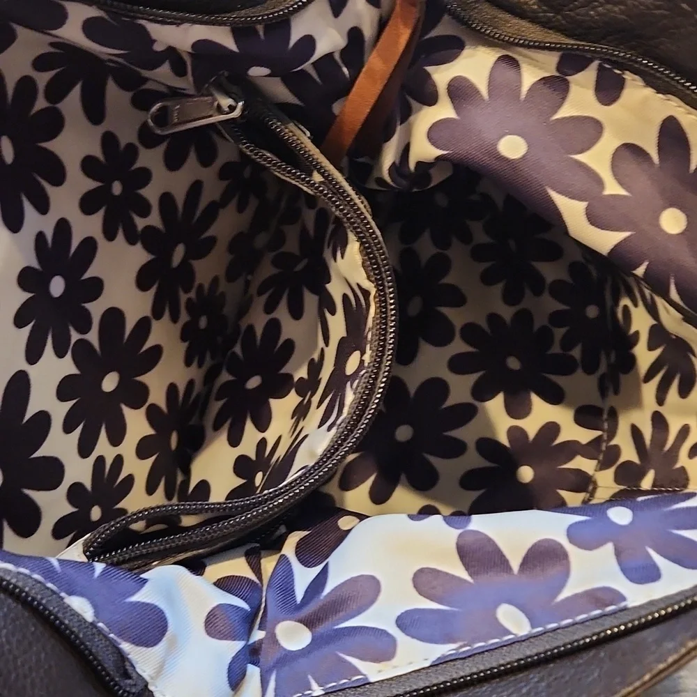 Nino Bossi Chocolate Brown Pebble Leather Hobo Bag - Floral Lining